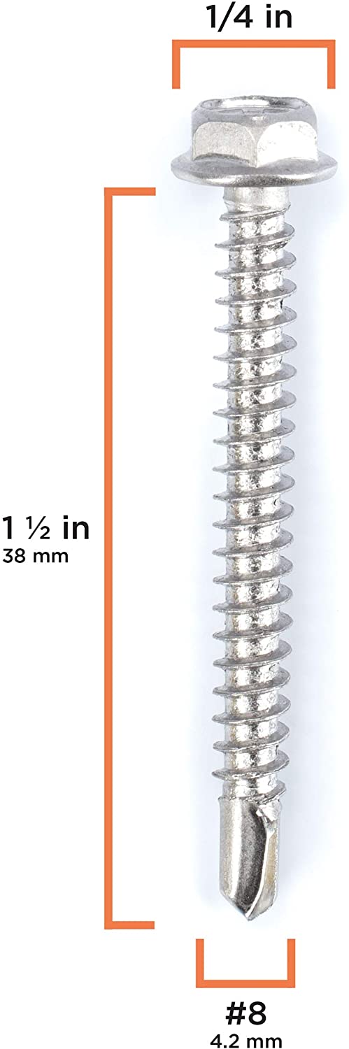 #8 Size, 1 1/2" Length (38mm) - Self Tapping Screw - Self Drilling Screw - 410 Stainless Steel Screws = Exceptional Wear and Very Corrosion Resistant) - Hex and Phillips Head- 100pcs