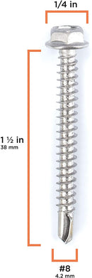 #8 Size, 1 1/2" Length (38mm) - Self Tapping Screw - Self Drilling Screw - 410 Stainless Steel Screws = Exceptional Wear and Very Corrosion Resistant) - Hex and Phillips Head- 100pcs