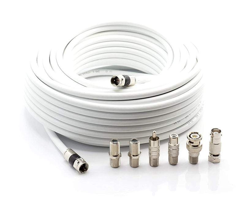 Digital Coaxial Cable Kit with Universal Ends -RG6 Coax Cable and six (6) Piece Adapter Kit includes Male Female RCA BNC F81, and Barrel Connectors - White, 100 Feet