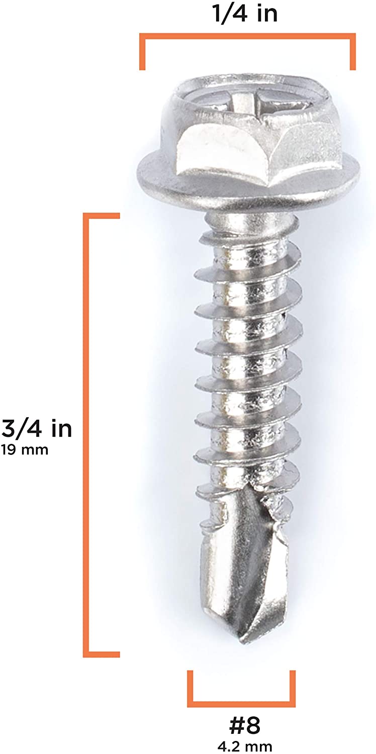#8 Size, 3/4" Length (19mm) - Self Tapping Screw -- Self Drilling Screw - 410 Stainless Steel Screws = Exceptional Wear and Very Corrosion Resistant) - Hex and Phillips Head - 100pcs