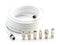 Digital Coaxial Cable Kit with Universal Ends -RG6 Coax Cable and six (6) Piece Adapter Kit includes Male Female RCA BNC F81, and Barrel Connectors - White, 15 Feet