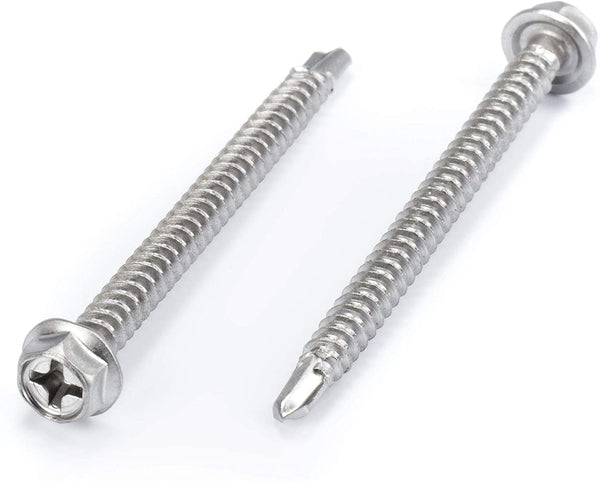#8 Size, 2" Length (51mm) - Self Tapping Screw -- Self Drilling Screw - 410 Stainless Steel Screws = Exceptional Wear and Very Corrosion Resistant) - Hex and Phillips Head - 100pcs