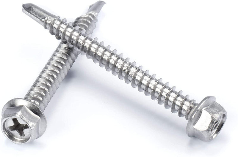 #12 Size, 2" Length (51mm) - Self Tapping Screw -- Self Drilling Screw - 410 Stainless Steel Screws = Exceptional Wear and Very Corrosion Resistant) - Hex and Phillips Head - 100pcs