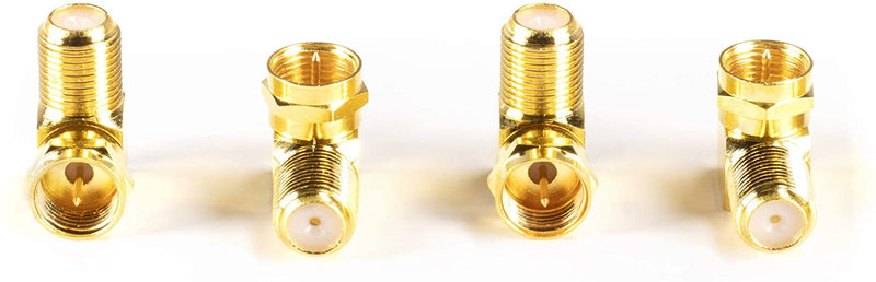 Gold Coaxial Cable Right Angle Connector - 4 Pack - for Tight Corners and Flat Panel TV Mounting - 90 degree F Type Adapter for Coax Cable and Wall Plates