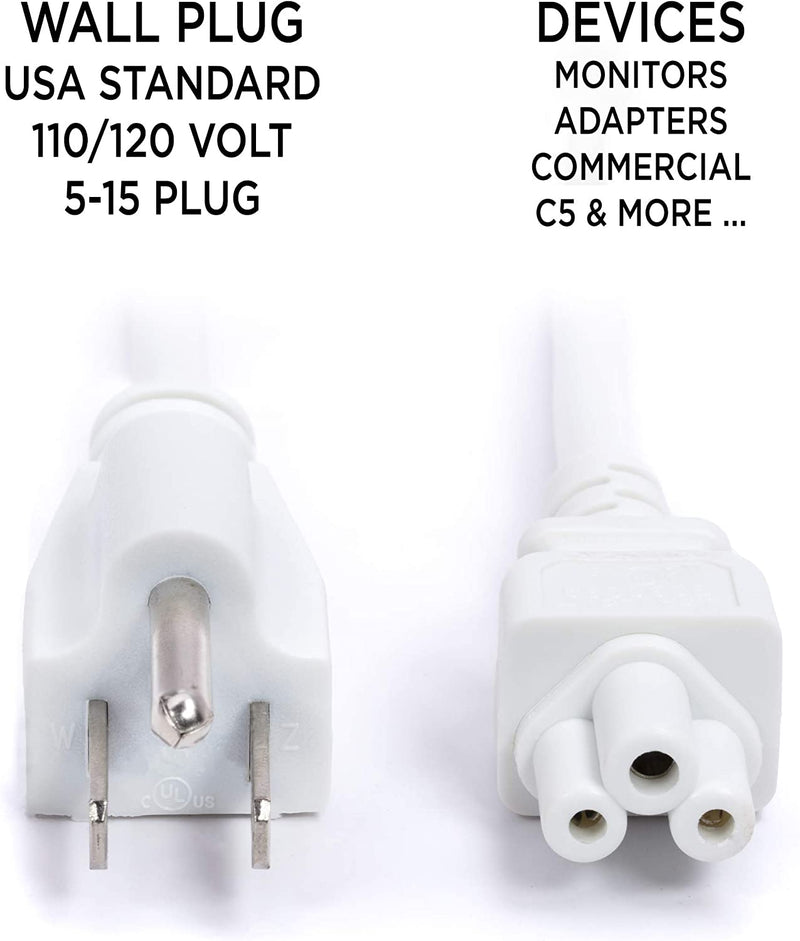 AC Power Cord (3 Prong) - White, 6 Feet (1.8 Meter) - Premium Quality Copper Wire Core - Mouse Style for Laptops, Computers, & Power Supplies - NEMA 5-15P to C5 / IEC 320 - UL Listed