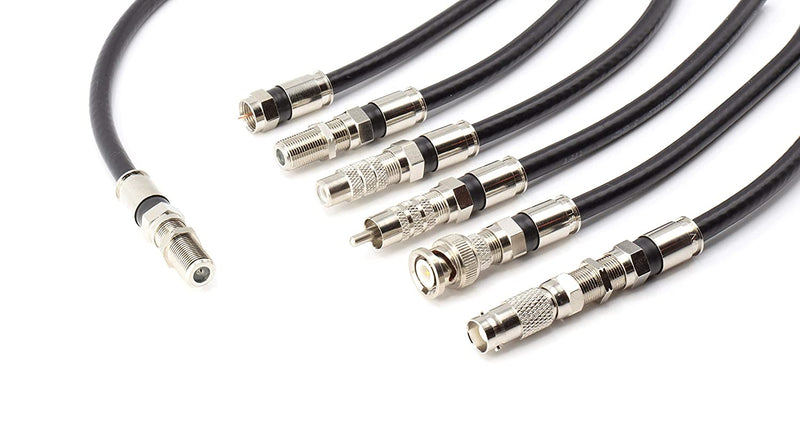 Digital Coaxial Cable Kit with Universal Ends -RG6 Coax Cable and six (6) Piece Adapter Kit includes Male Female RCA BNC F81, and Barrel Connectors - Black, 25 Feet