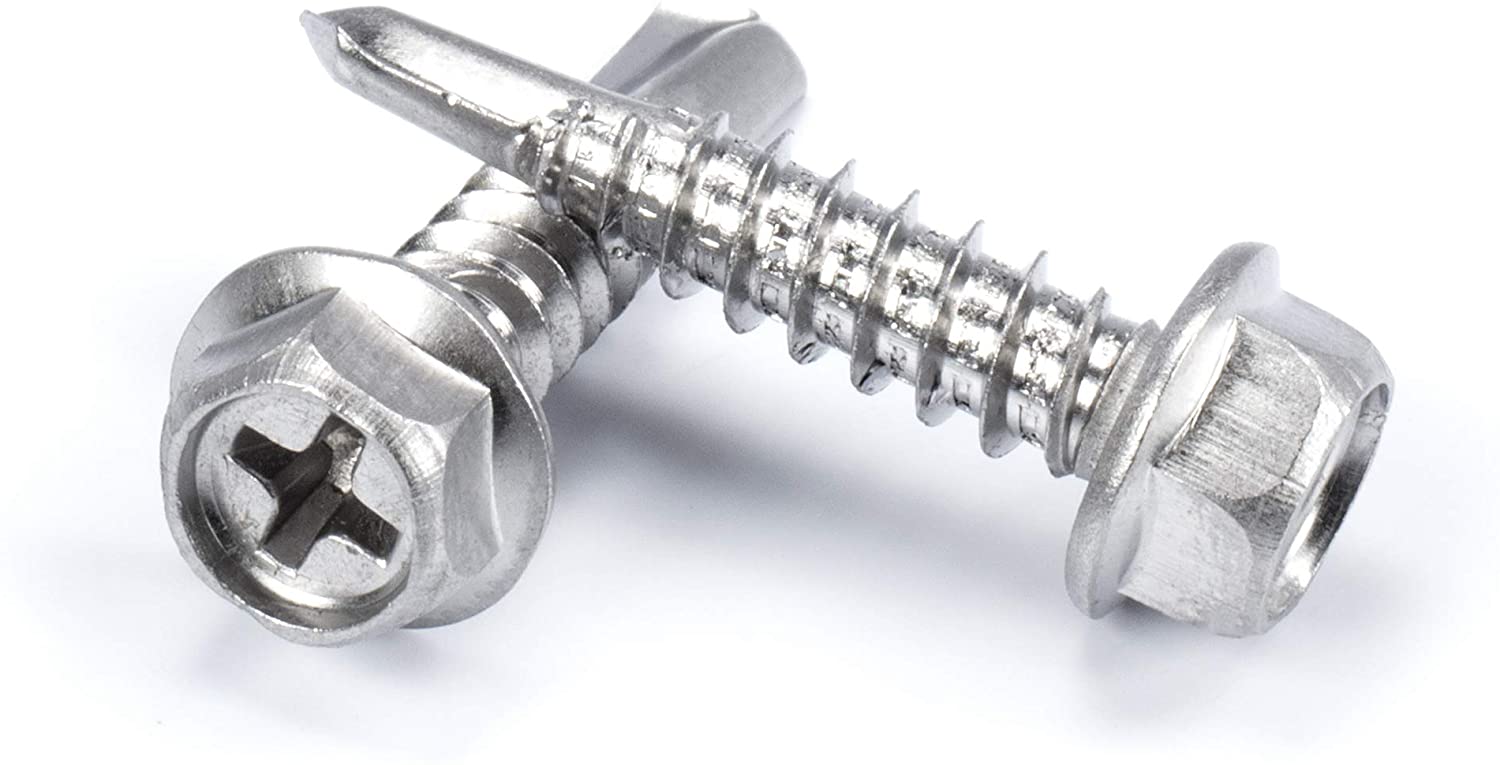 #12 Size, 1" Length (25mm) - Self Tapping Screw -- Self Drilling Screw - 410 Stainless Steel Screws = Exceptional Wear and Very Corrosion Resistant) - Hex and Phillips Head - 100pcs