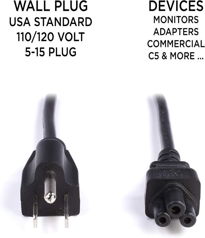 AC Power Cord (3 Prong) - Black, 25 Feet (7.5 Meter) - Premium Quality Copper Wire Core - Mouse Style for Laptops, Computers, & Power Supplies - NEMA 5-15P to C5 / IEC 320 - UL Listed