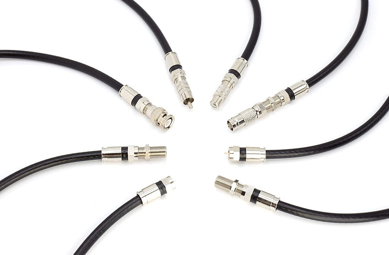 Digital Coaxial Cable Kit with Universal Ends -RG6 Coax Cable and six (6) Piece Adapter Kit includes Male Female RCA BNC F81, and Barrel Connectors - White, 25 Feet