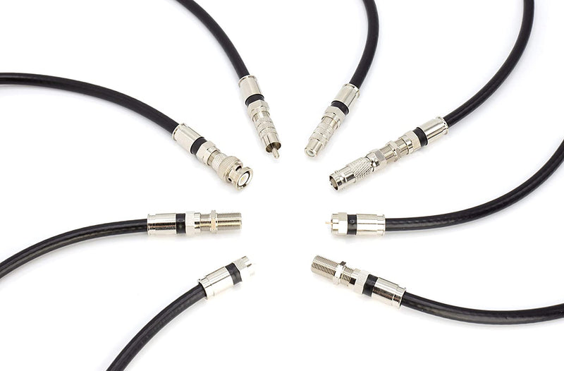 Digital Coaxial Cable Kit with Universal Ends -RG6 Coax Cable and six (6) Piece Adapter Kit includes Male Female RCA BNC F81, and Barrel Connectors - Black, 75 Feet