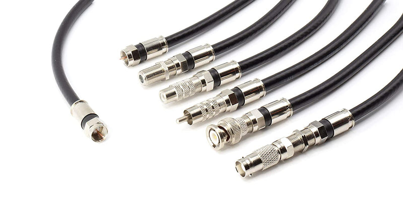 Digital Coaxial Cable Kit with Universal Ends -RG6 Coax Cable and six (6) Piece Adapter Kit includes Male Female RCA BNC F81, and Barrel Connectors - Black, 6 Feet