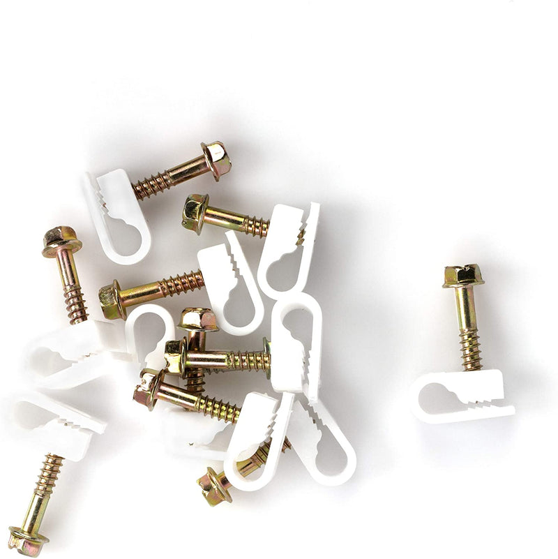 Ribbed Plastic Conical Anchors and White Cable Screw Clips - For Concrete, Stucco, Brick, Drywall, and Similar - Kit of 100 Screw Clips, and 100 Anchors