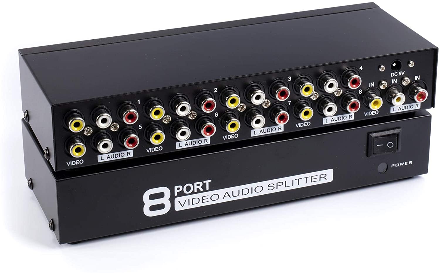 RCA Audio Video Splitter with Composite Cable - 8 Way AV Switch Box for TV, DVR, DVD, VCR, Gaming, Speakers, and More - 1 Input and 8 Output