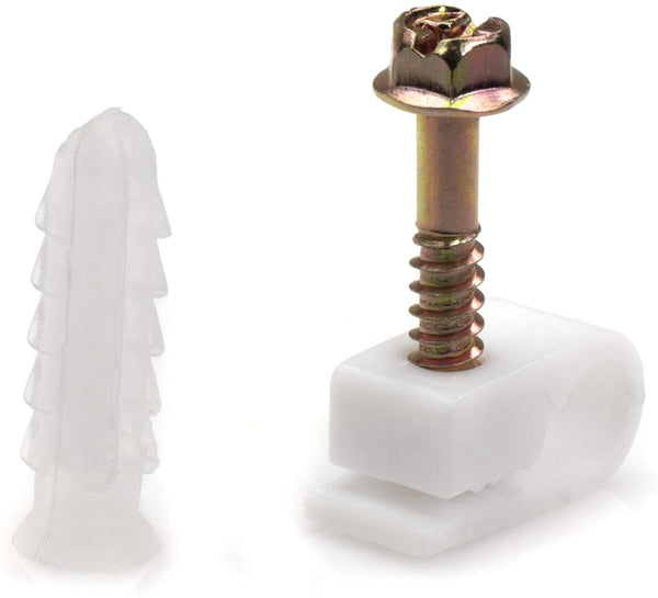Ribbed Plastic Conical Anchors and White Cable Screw Clips - For Concrete, Stucco, Brick, Drywall, and Similar - Kit of 50 Screw Clips, and 50 Anchors
