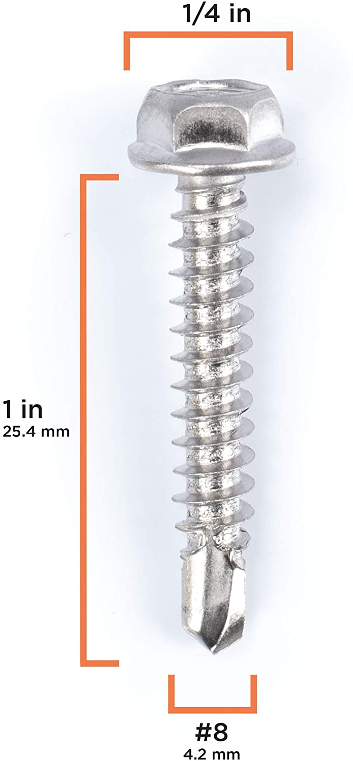 #8 Size, 1" Length (25mm) - Self Tapping Screw -- Self Drilling Screw - 410 Stainless Steel Screws = Exceptional Wear and Very Corrosion Resistant) - Hex and Phillips Head - 100pcs