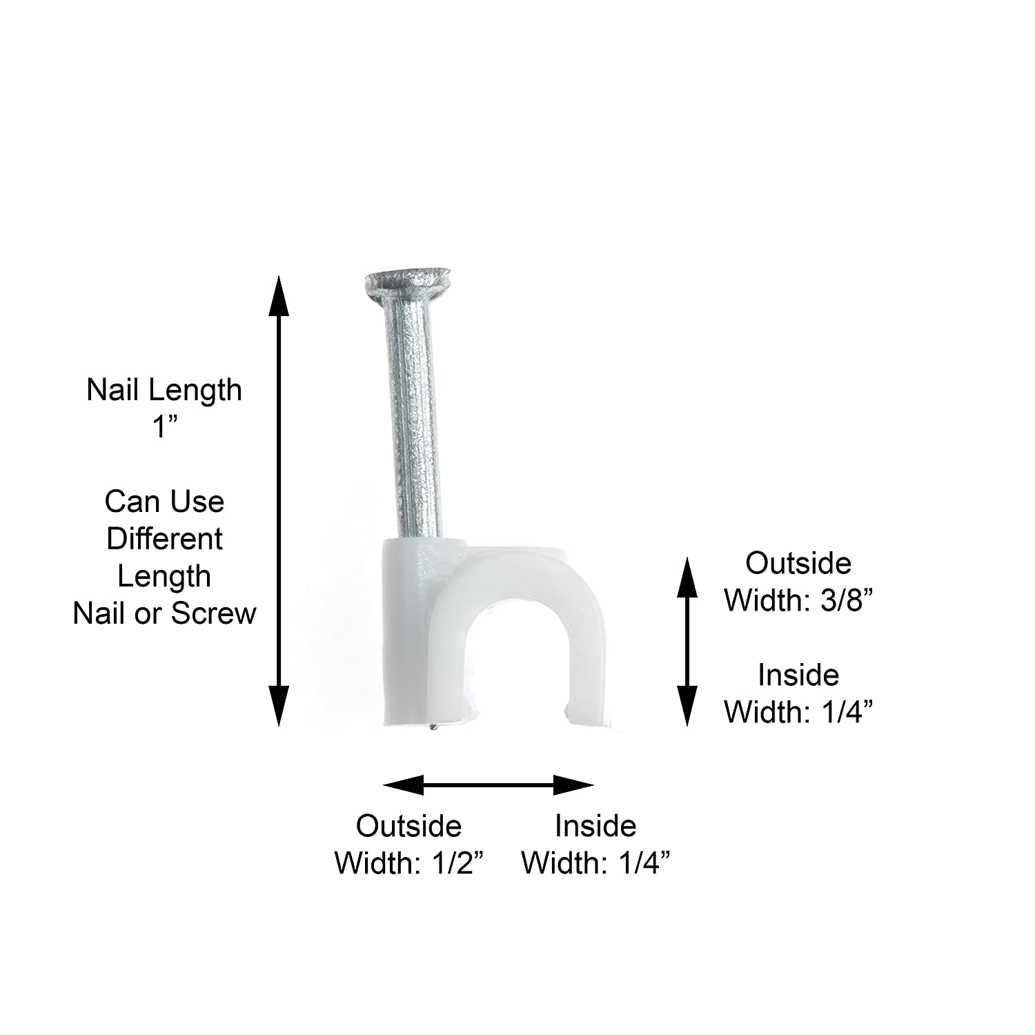 THE CIMPLE CO - Single Coaxial Cable Clips, Cat6, Electrical Wire Cable Clip, 1/4 in (6 mm) Nail Clip and Fastener, White (50 pieces per bag)