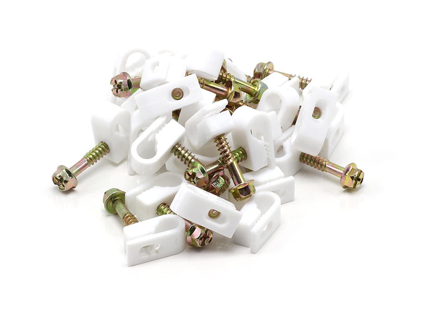 THE CIMPLE CO - Single Coaxial Cable Clips, Cat6, Electrical Wire Cable Clip, 1/4 in (6 mm) Screw Clip and Fastener, White (100 pieces per bag)