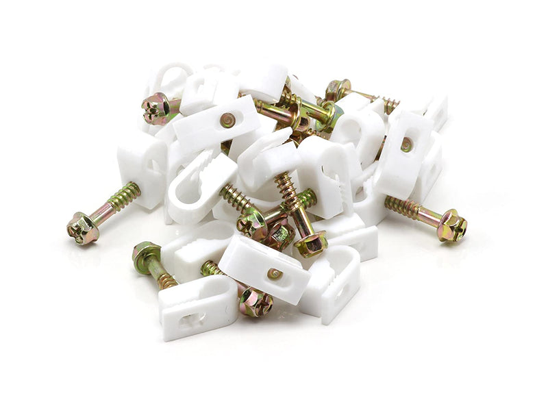 THE CIMPLE CO - Single Coaxial Cable Clips, Cat6, Electrical Wire Cable Clip, 1/4 in (6 mm) Screw Clip and Fastener, White (50 pieces per bag)