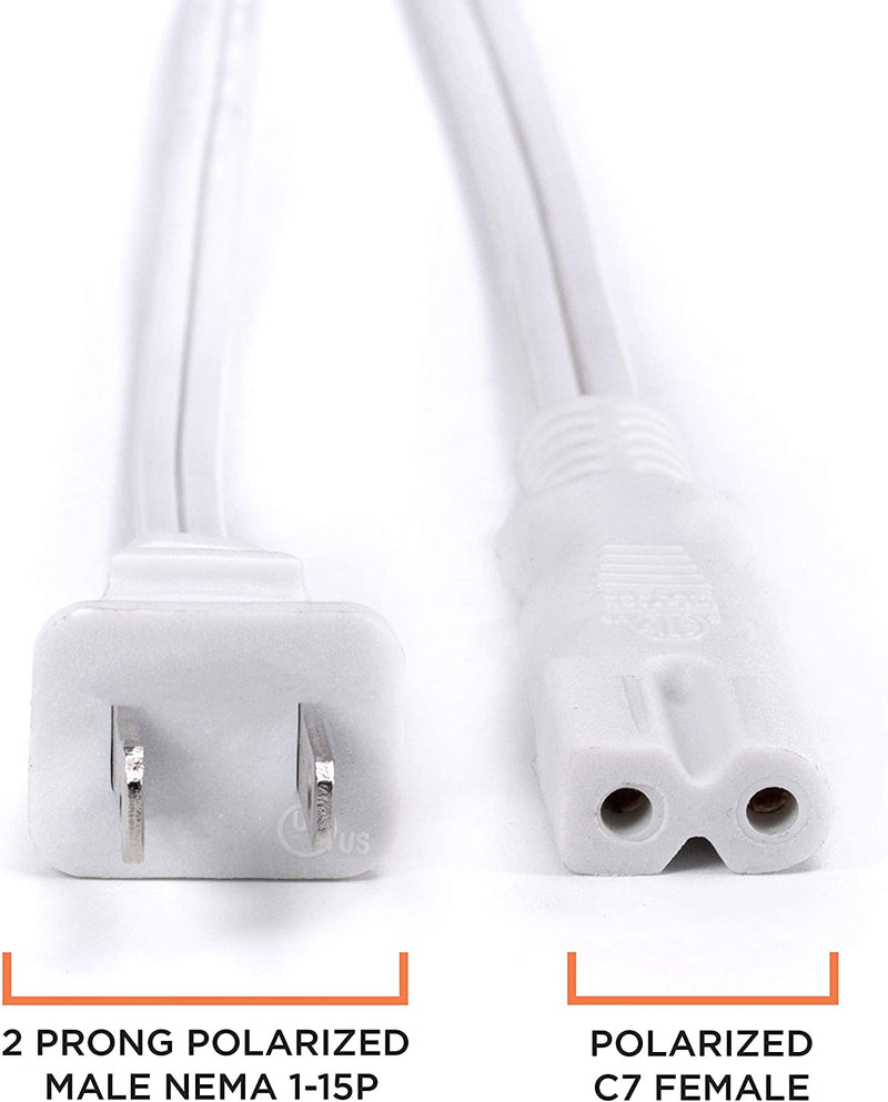 Polarized 2 Prong Power Cord with Copper Wire Core - (Square/Round) for Satellite, CATV, Game Systems, and More -  NEMA 1-15P to C7 C8 / IEC320 - UL Listed - White, 10 Feet (3 Meter) Power Cable