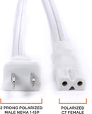 Polarized 2 Prong Power Cord with Copper Wire Core - (Square/Round) for Satellite, CATV, Game Systems, and More -  NEMA 1-15P to C7 C8 / IEC320 - UL Listed - White, 6 Feet (1.8 Meter) Power Cable