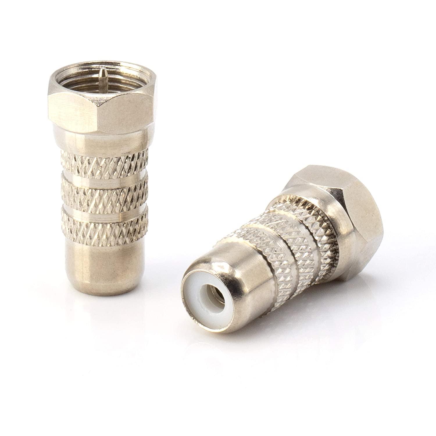 RF and RCA Coaxial Adapter - 4 Pack - RCA Female to Male F81 (F-Pin) Connector, Adapter, Coupler, and Converter - For RG11, RG6, RG59, RG58, SDI, HD SDI, CCTV