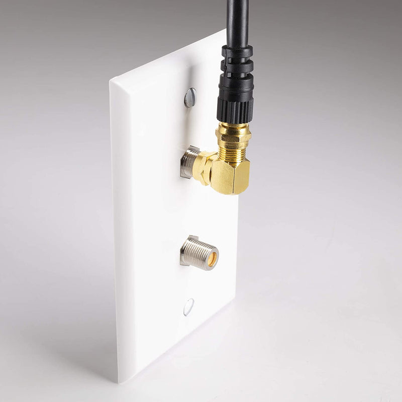 Gold Coaxial Cable Right Angle Connector - 10 Pack - for Tight Corners and Flat Panel TV Mounting - 90 degree F Type Adapter for Coax Cable and Wall Plates