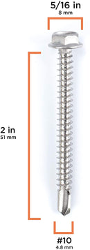 #10 Size, 2" Length (51mm) - Self Tapping Screw -- Self Drilling Screw - 410 Stainless Steel Screws = Exceptional Wear and Very Corrosion Resistant) - Hex and Phillips Head - 100pcs