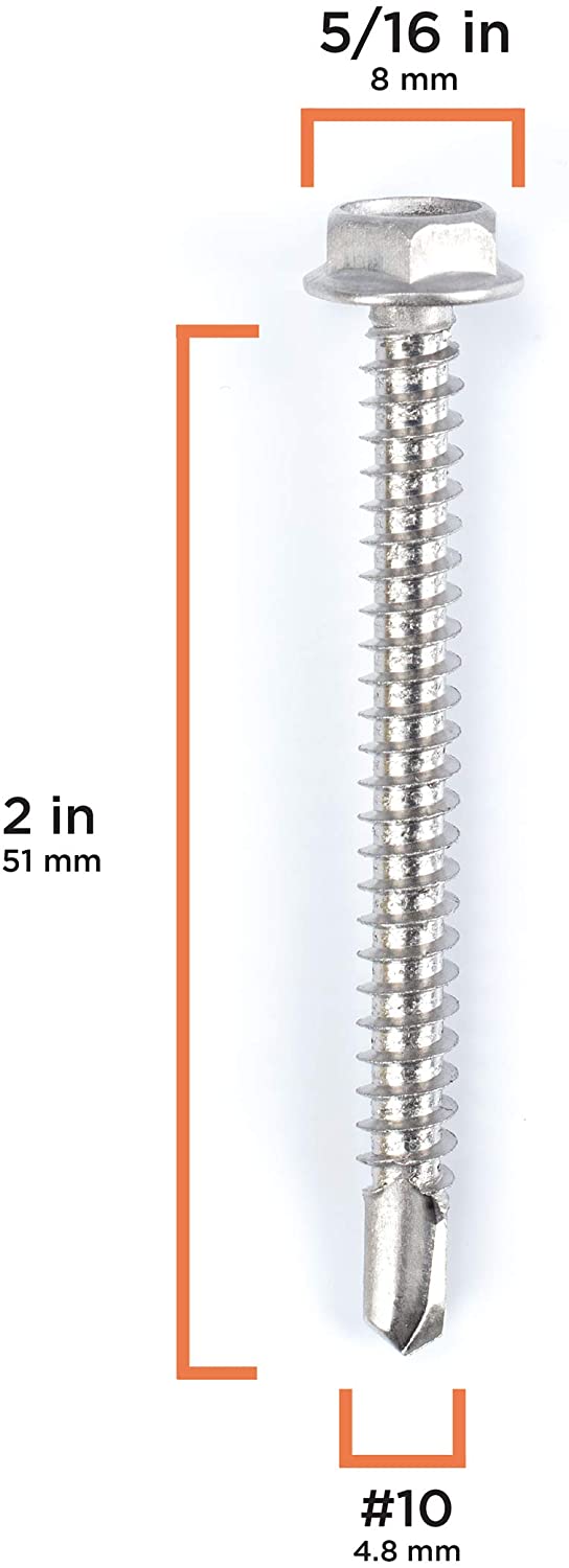 #10 Size, 2" Length (51mm) - Self Tapping Screw -- Self Drilling Screw - 410 Stainless Steel Screws = Exceptional Wear and Very Corrosion Resistant) - Hex and Phillips Head - 100pcs