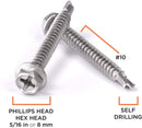 #10 Size, 2" Length (51mm) - Self Tapping Screw -- Self Drilling Screw - 410 Stainless Steel Screws = Exceptional Wear and Very Corrosion Resistant) - Hex and Phillips Head - 100pcs