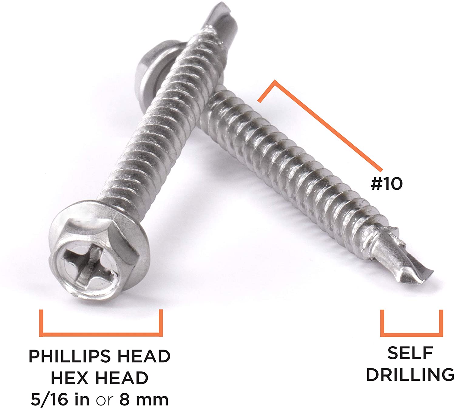 #10 Size, 3/4" Length (19mm) - Self Tapping Screw - Self Drilling Screw - 410 Stainless Steel Screws = Exceptional Wear and Very Corrosion Resistant) - Hex and Phillips Head - 100pcs