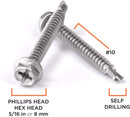 #8 Size, 3/4" Length (19mm) - Self Tapping Screw -- Self Drilling Screw - 410 Stainless Steel Screws = Exceptional Wear and Very Corrosion Resistant) - Hex and Phillips Head - 100pcs