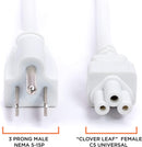 AC Power Cord (3 Prong) - White, 3 Feet (0.9 Meter) - Premium Quality Copper Wire Core - Mouse Style for Laptops, Computers, & Power Supplies - NEMA 5-15P to C5 / IEC 320 - UL Listed