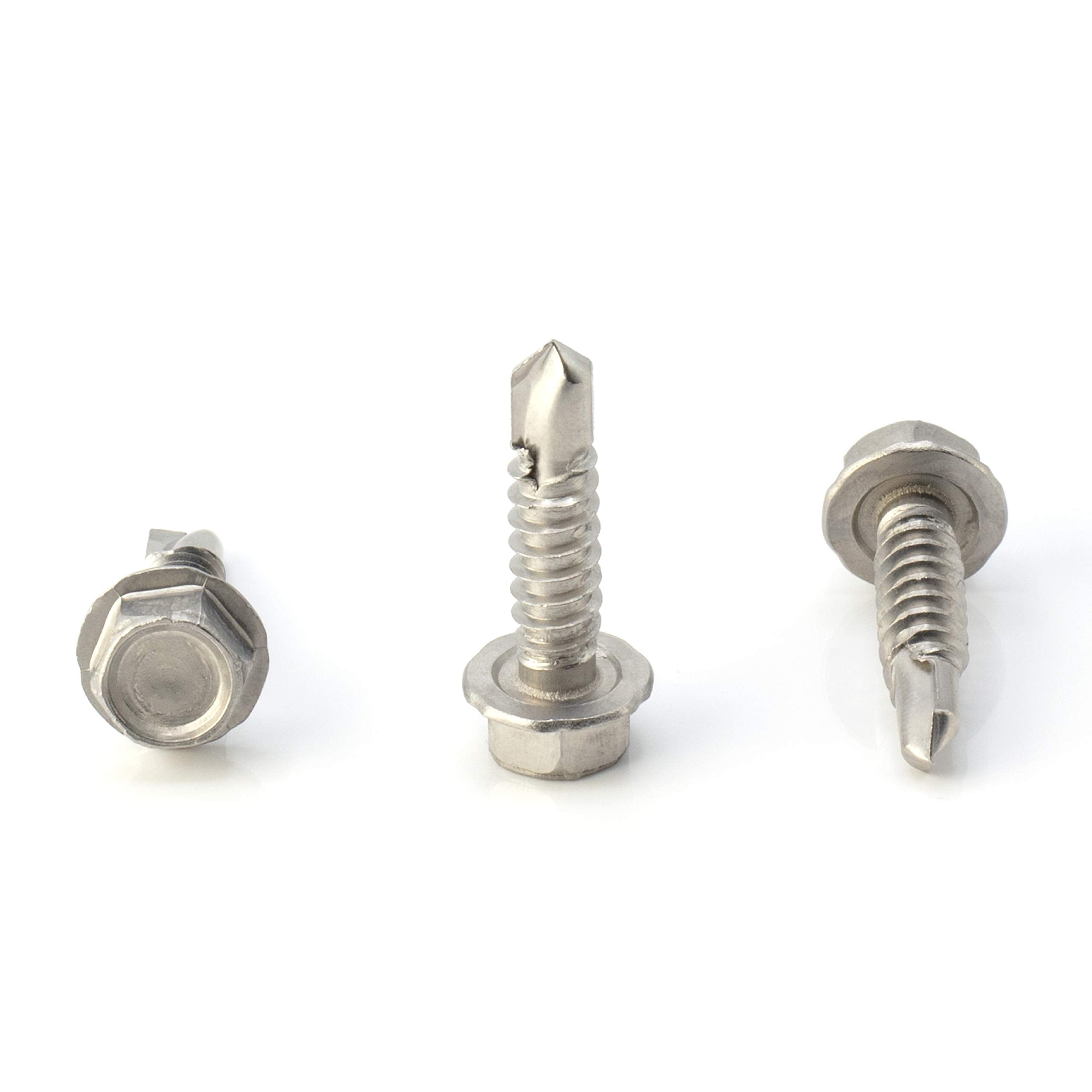 #14 Size, 1" Length (25mm) - Self Tapping Screw - Self Drilling Screw - 410 Stainless Steel Screws = Exceptional Wear and Very Corrosion Resistant) - Hex Washer Head - 100pcs