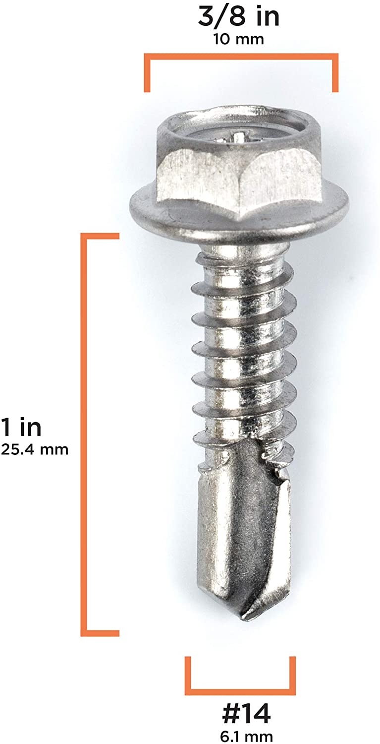 #14 Size, 1" Length (25mm) - Self Tapping Screw -- Self Drilling Screw - 410 Stainless Steel Screws = Exceptional Wear and Very Corrosion Resistant) - Hex and Phillips Head - 100pcs