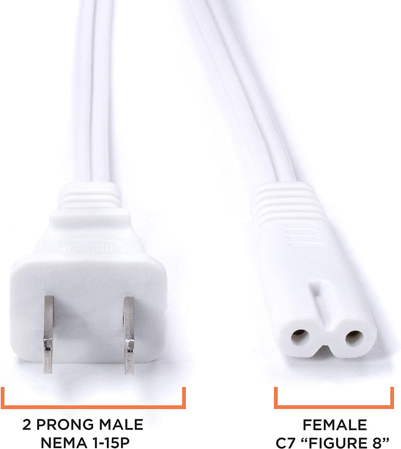 Figure 8 Power Cord (2 Prong) with Copper Wire Core - Non Polarized for Satellite, CATV, Game Systems, and More - NEMA 1-15P to C7 C8 / IEC 320 - UL Listed - White, 4 Feet (1.2 Meter) Power Cable