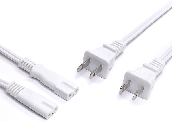2 Slot Power Cord Two Pack - Includes Both Types: Polarized (Squared End) and Non-Polarized (Figure 8 End) - NEMA 1-15P to C7 C8 UL Listed - 18 AWG, 10 Amps, 125 Volts - 6 Feet (1.8 Meter), White