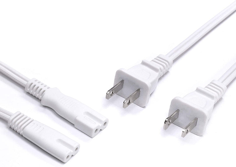 2 Slot Power Cord Two Pack - Includes Both Types: Polarized (Squared End) and Non-Polarized (Figure 8 End) - NEMA 1-15P to C7 C8 UL Listed - 18 AWG, 10 Amps, 125 Volts - 10 Feet (3 Meter), White