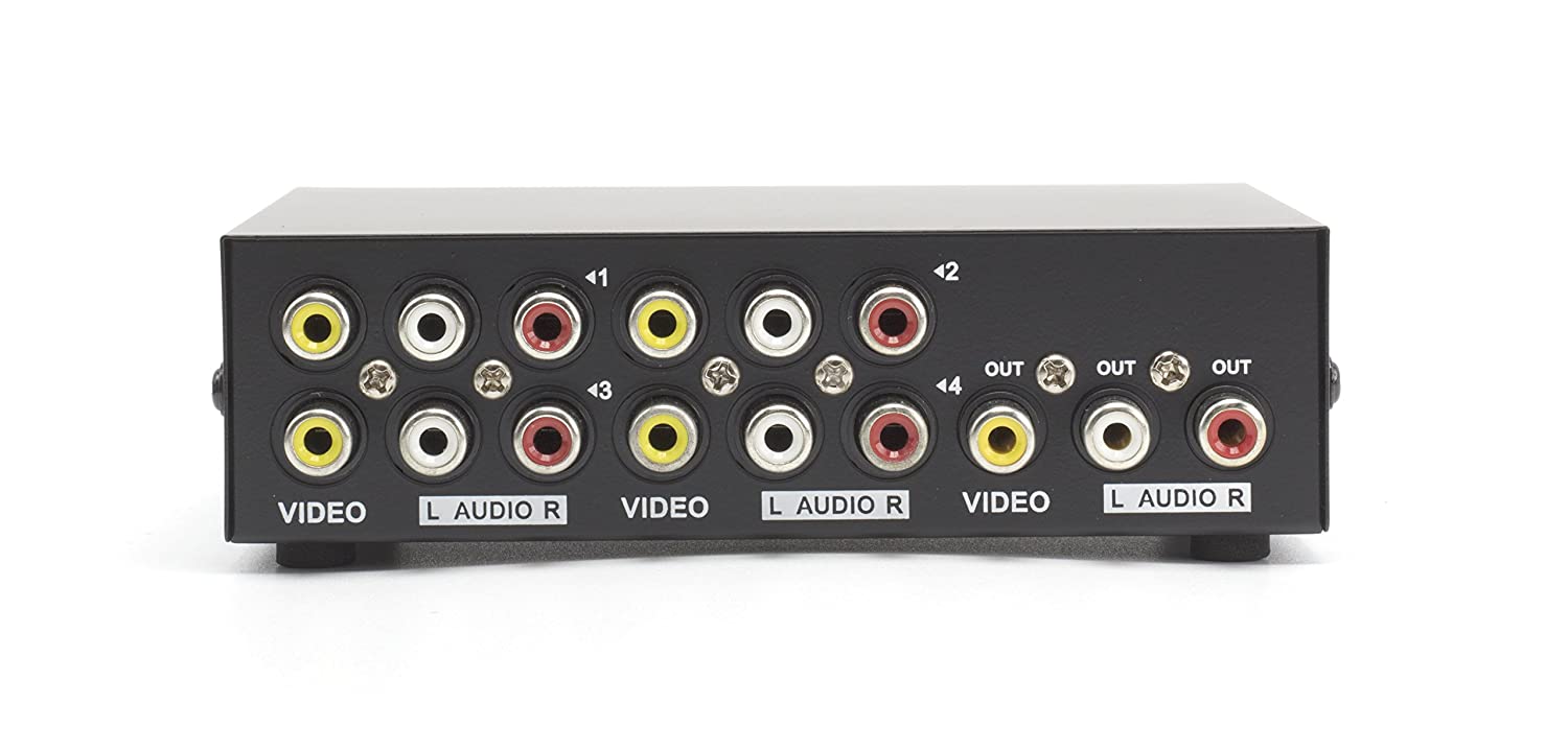 4 Way AV Switch - 4 Input 1 Output RCA Selector Switch for Composite Audio and Video - Switcher Box - Includes RCA Composite Cable (Black)