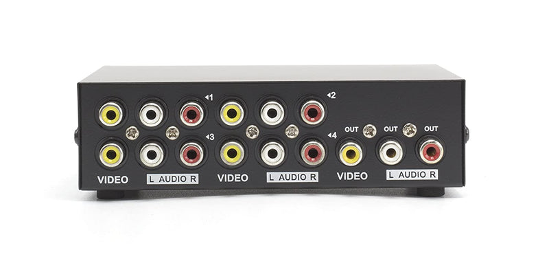 4 Way AV Switch - 4 Input 1 Output RCA Selector Switch for Composite Audio and Video - Switcher Box - Includes RCA Composite Cable (Black)