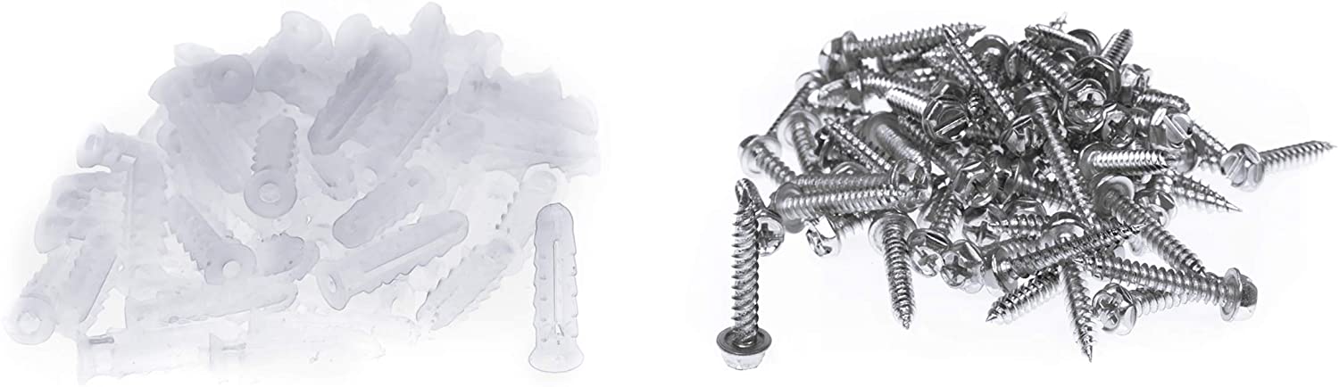 Ribbed Plastic Conical Anchors and Screws - For Concrete, Stucco, Brick, Drywall, and Similar - Kit of 50 Screws, and 50 Anchors