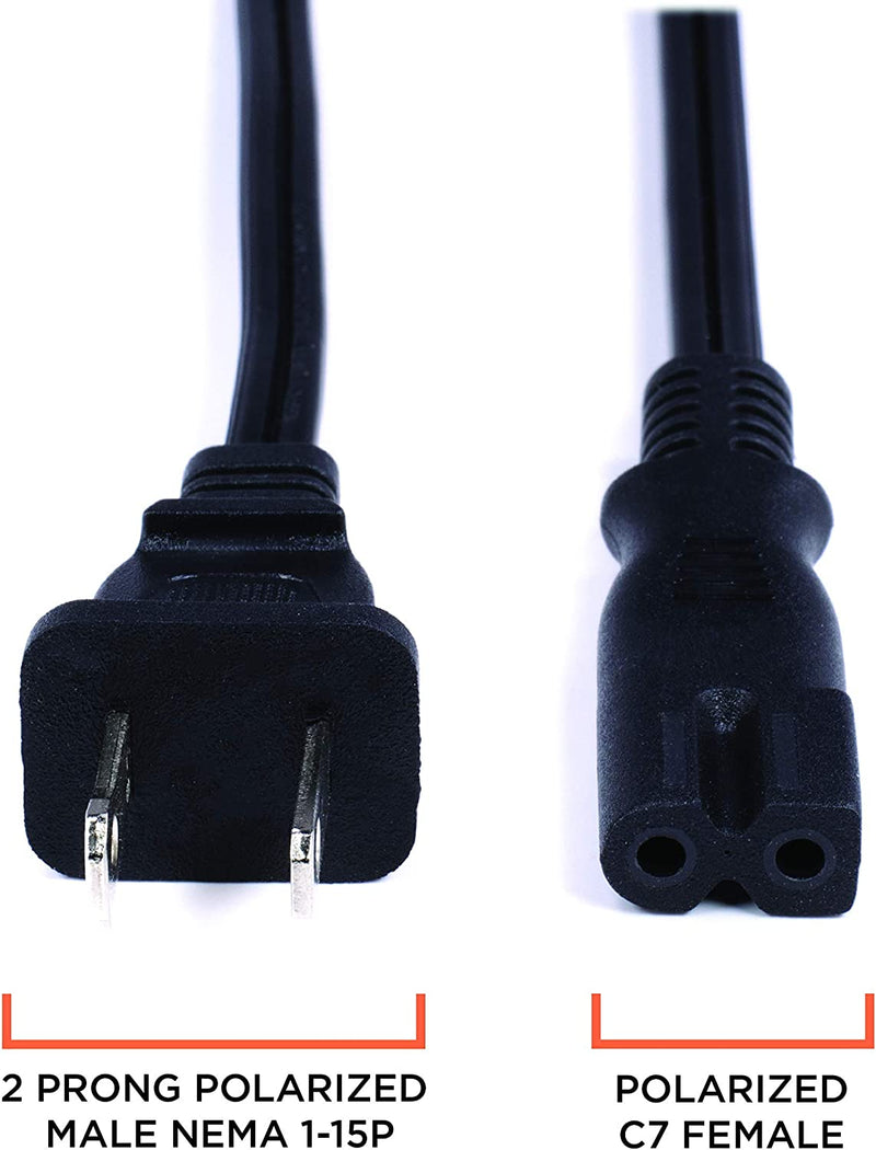 Polarized 2 Prong Power Cord with Copper Wire Core - (Square/Round) for Satellite, CATV, Game Systems, and More -  NEMA 1-15P to C7 C8 / IEC320 - UL Listed - Black, 8 Feet (2.4 Meter) Power Cable
