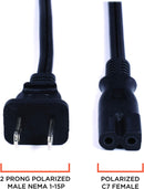 Polarized 2 Prong Power Cord with Copper Wire Core - (Square/Round) for Satellite, CATV, Game Systems, and More -  NEMA 1-15P to C7 C8 / IEC320 - UL Listed - Black, 10 Feet (3 Meter) Power Cable