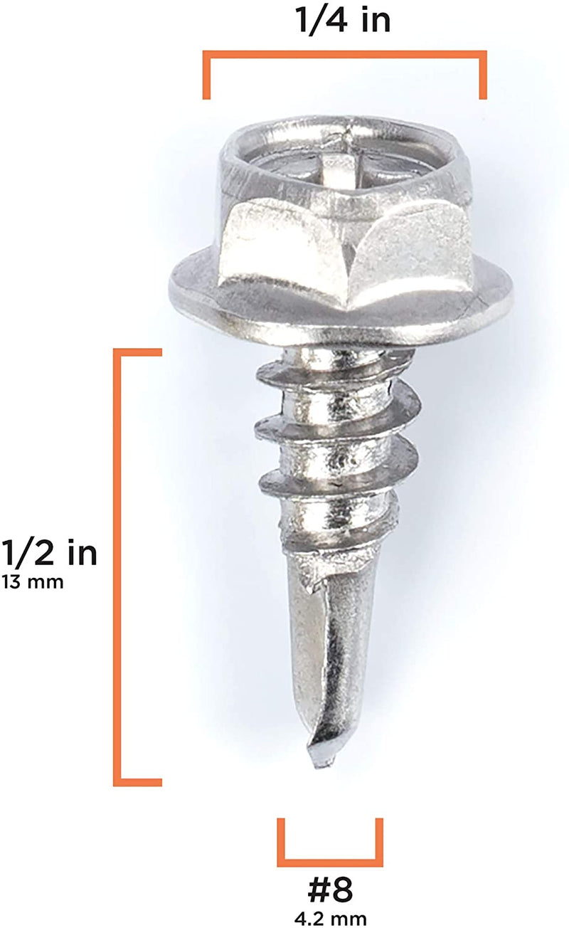 #8 Size, 1/2" Length (13mm) - Self Tapping Screw -- Self Drilling Screw - 410 Stainless Steel Screws = Exceptional Wear and Very Corrosion Resistant) - Hex and Phillips Head - 100pcs