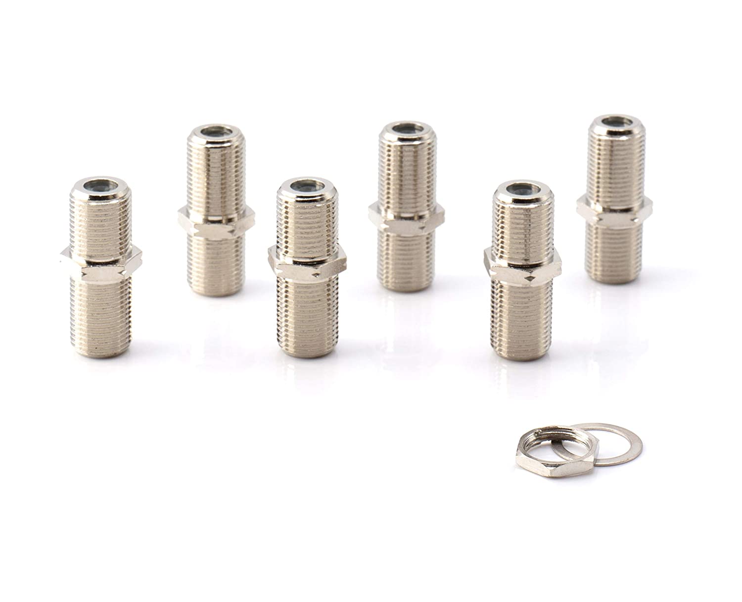 Cable Extension Coupler, with Washer and Nut - 100 Pack - Works with Wall plates - Connects Two Coaxial Video Cables, for Coax F81 (female to female) High Quality 3GHz Satellite, CATV