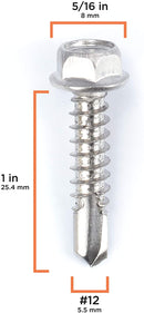 #12 Size, 1" Length (25mm) - Self Tapping Screw -- Self Drilling Screw - 410 Stainless Steel Screws = Exceptional Wear and Very Corrosion Resistant) - Hex and Phillips Head - 100pcs
