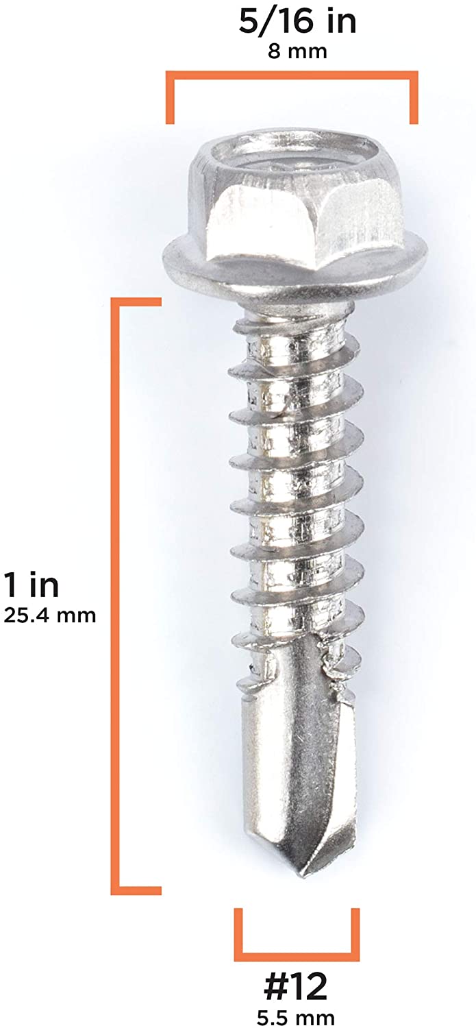 #12 Size, 1" Length (25mm) - Self Tapping Screw -- Self Drilling Screw - 410 Stainless Steel Screws = Exceptional Wear and Very Corrosion Resistant) - Hex and Phillips Head - 100pcs