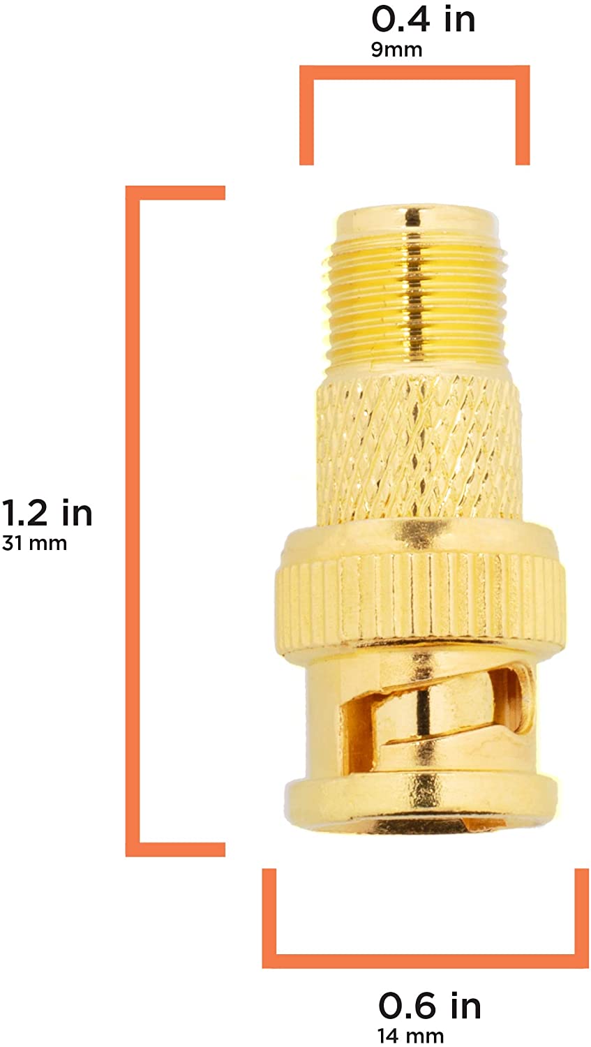 Gold RF (F81) and BNC Coaxial Adapter - 25 Pack - BNC Male to Female F81 (F-Pin) Connector, Adapter, Coupler, and Converter - For RG11, RG6, RG59, RG58, SDI, HD SDI, CCTV