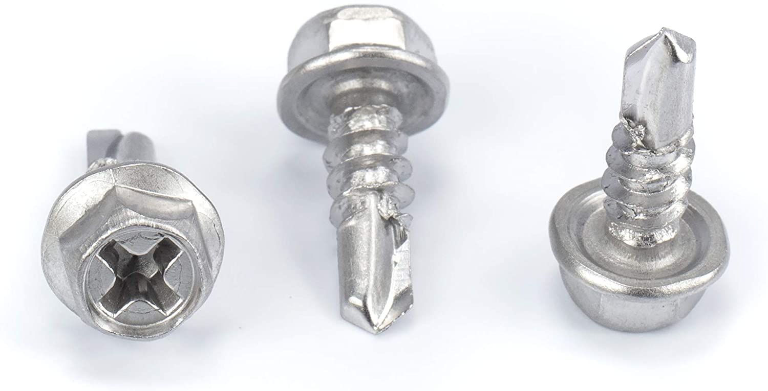 #8 Size, 1/2" Length (13mm) - Self Tapping Screw -- Self Drilling Screw - 410 Stainless Steel Screws = Exceptional Wear and Very Corrosion Resistant) - Hex and Phillips Head - 100pcs