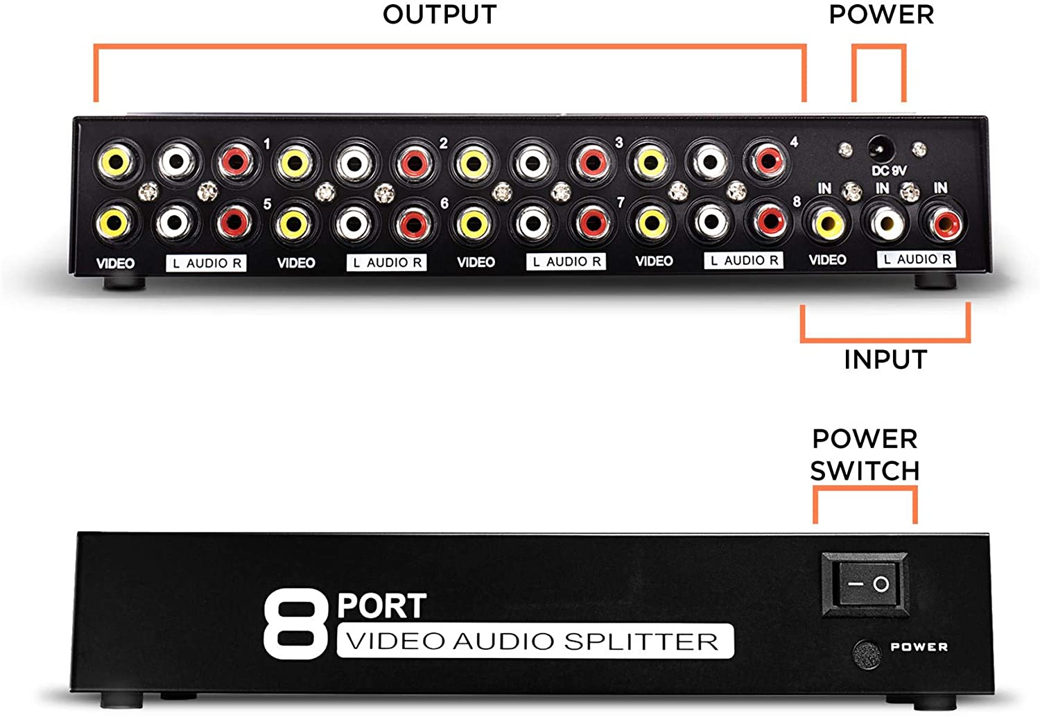RCA Audio Video Splitter with Composite Cable - 8 Way AV Switch Box for TV, DVR, DVD, VCR, Gaming, Speakers, and More - 1 Input and 8 Output