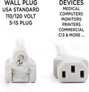 AC Power Cord (3 Prong) - 25 Feet (7.5 Meter), White - Premium Quality Copper Wire Core - Computer, Medical, Server & Desktop - NEMA 5-15 to C13 / IEC 320 - UL Listed Power Cable